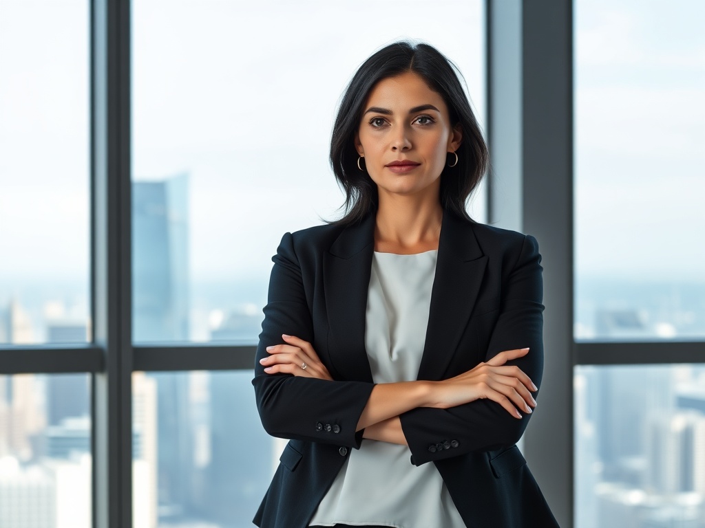 Female executive in her 30s, dark hair, wearing a black blazer and white top, standing in front of a floor-to-ceiling window with skyline view. Arms crossed thoughtfully, direct gaze. Clean, modern, powerful. Photorealistic, 8k, commercial photography.