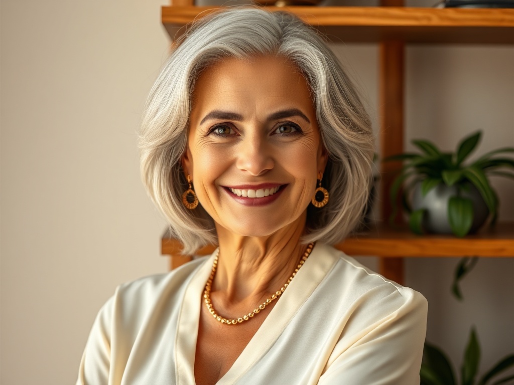 Portrait of a woman in her 40s with silver hair, wearing a cream blouse and gold jewelry, leaning slightly against a wooden shelf with plants. Warm studio light, soft background. Warm smile, elegant. Photorealistic, 8k, commercial photography.