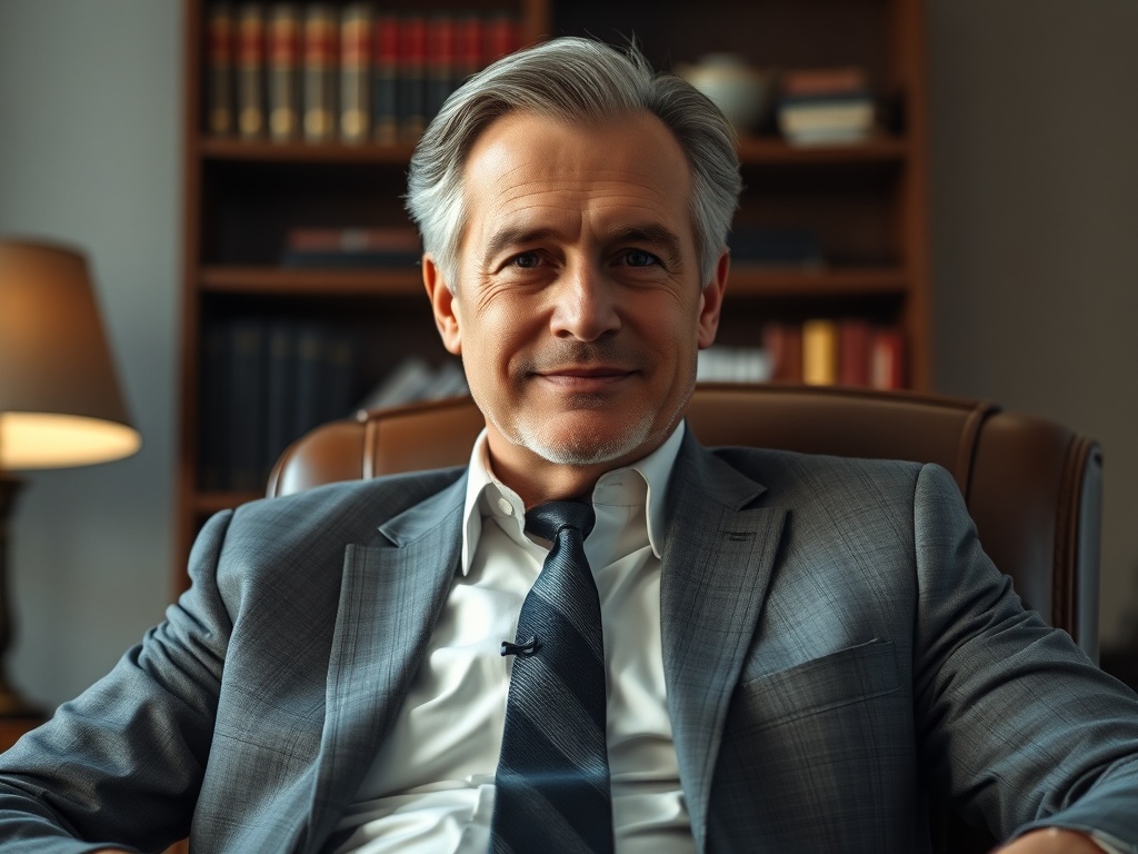 Male executive in his 50s, sharp gray suit, sitting in a leather office chair with a slight smile. Background of a blurred bookshelf and table lamp. Low angle, dramatic lighting, authoritative yet relaxed. Photorealistic, 8k, commercial photography.