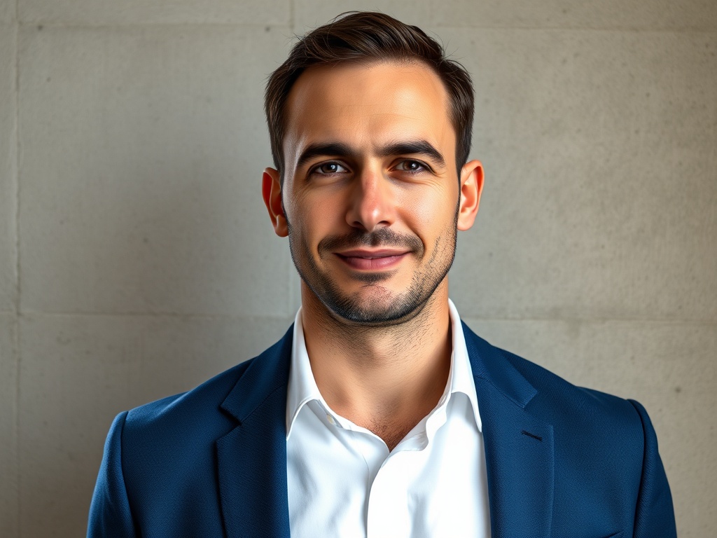 Close-up portrait of a man in his 30s with stubble, wearing a clean white shirt and blue blazer, standing in front of a textured concrete wall. Natural window light from the side, soft shadows. Confident, approachable. Photorealistic, 8k, commercial photography.