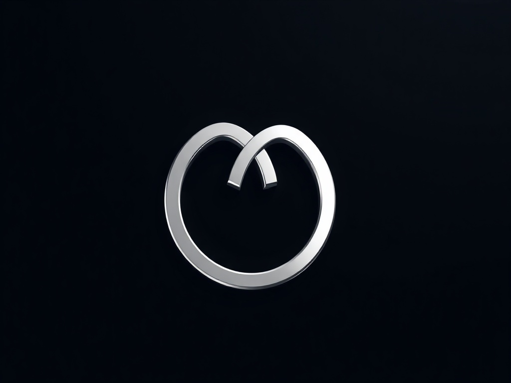 A minimalist geometric logo symbol: two interlocking rings forming an infinity shape, rendered in polished chrome effect on a dark background. Reflections, clean edges. Photorealistic, 8k, commercial photography.